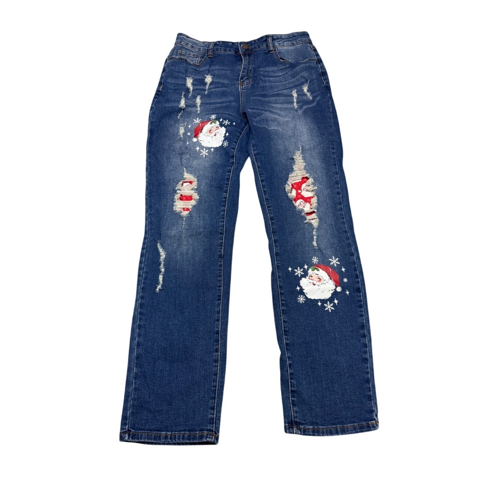Santa Claus Distressed Holiday Jeans Womens Size 12 Medium Wash Straight Leg